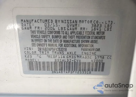 2015 Nissan Sentra Fe+ S/S/Sl/Sr/Sv from USA, damaged, VIN 3N1AB7AP5FY253318